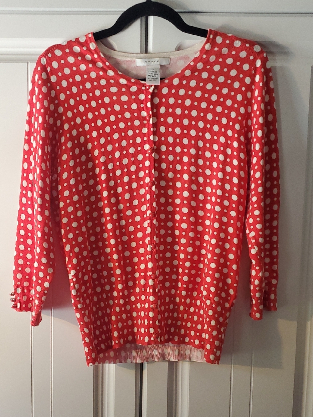 Grace Coral Red Polka Dot Cardigan with White Spots